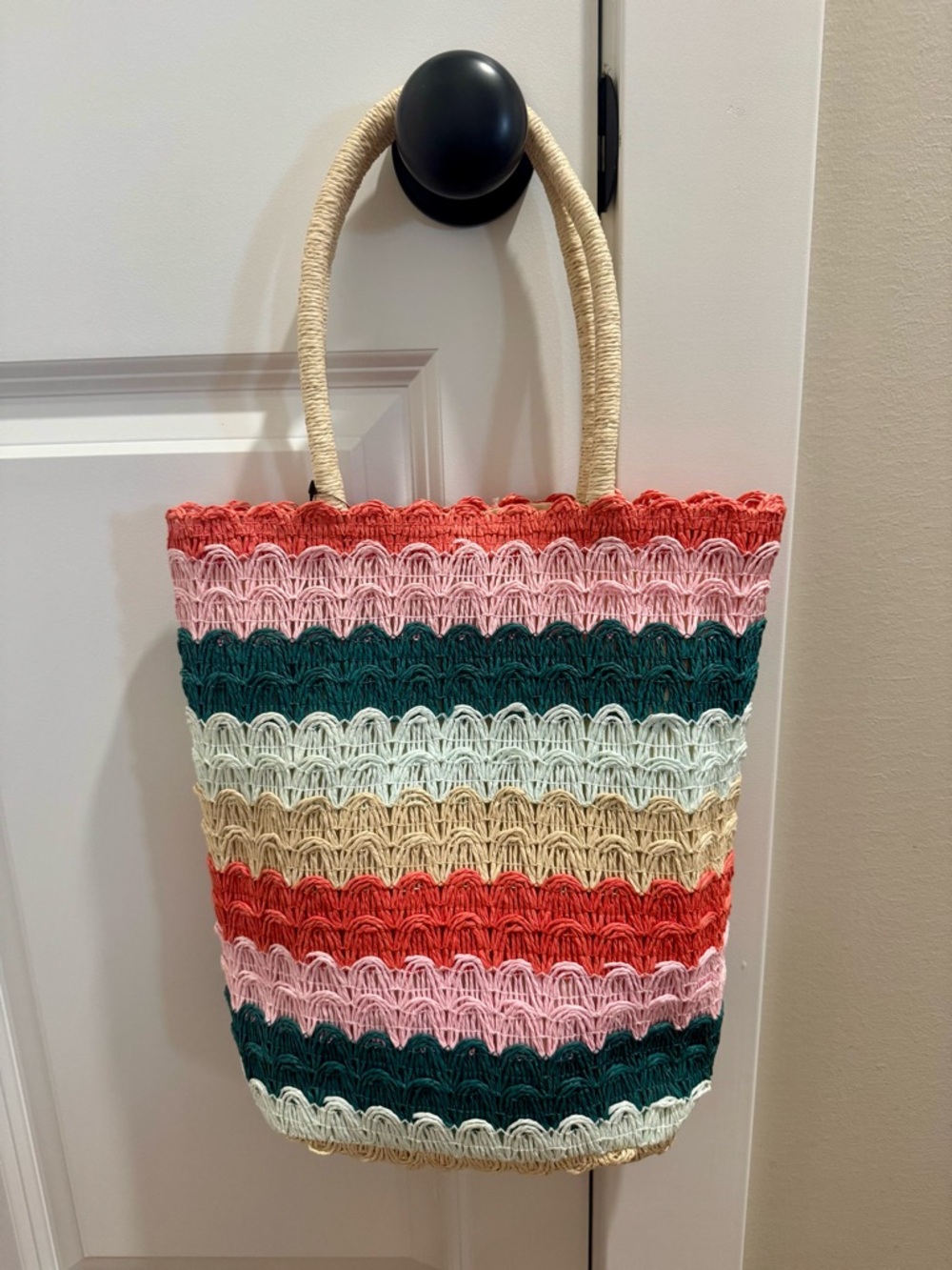 art class Multicolor Raffia Straw Tote in Coral, Pink, Teal, Cream, Tan